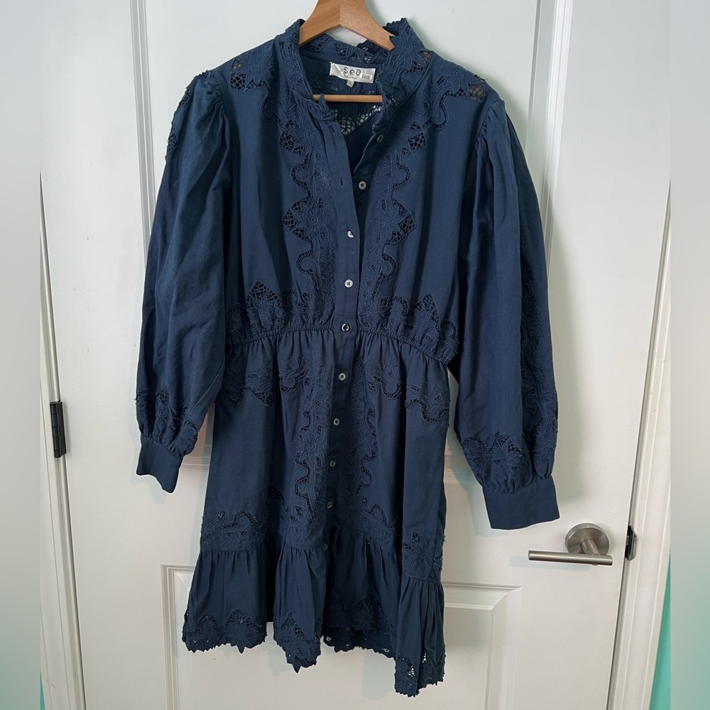 SEA NEW YORK Anita Eyelet Mini Dress in Cotton-linen Navy Size 8 - Picture 3 of 8
